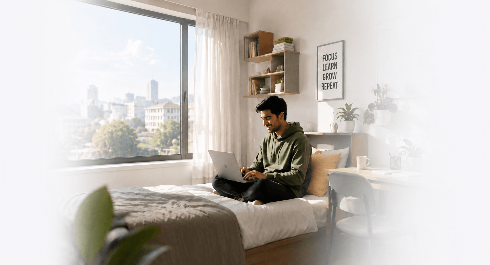 Student relaxing on a bed with a laptop in a modern PG room
