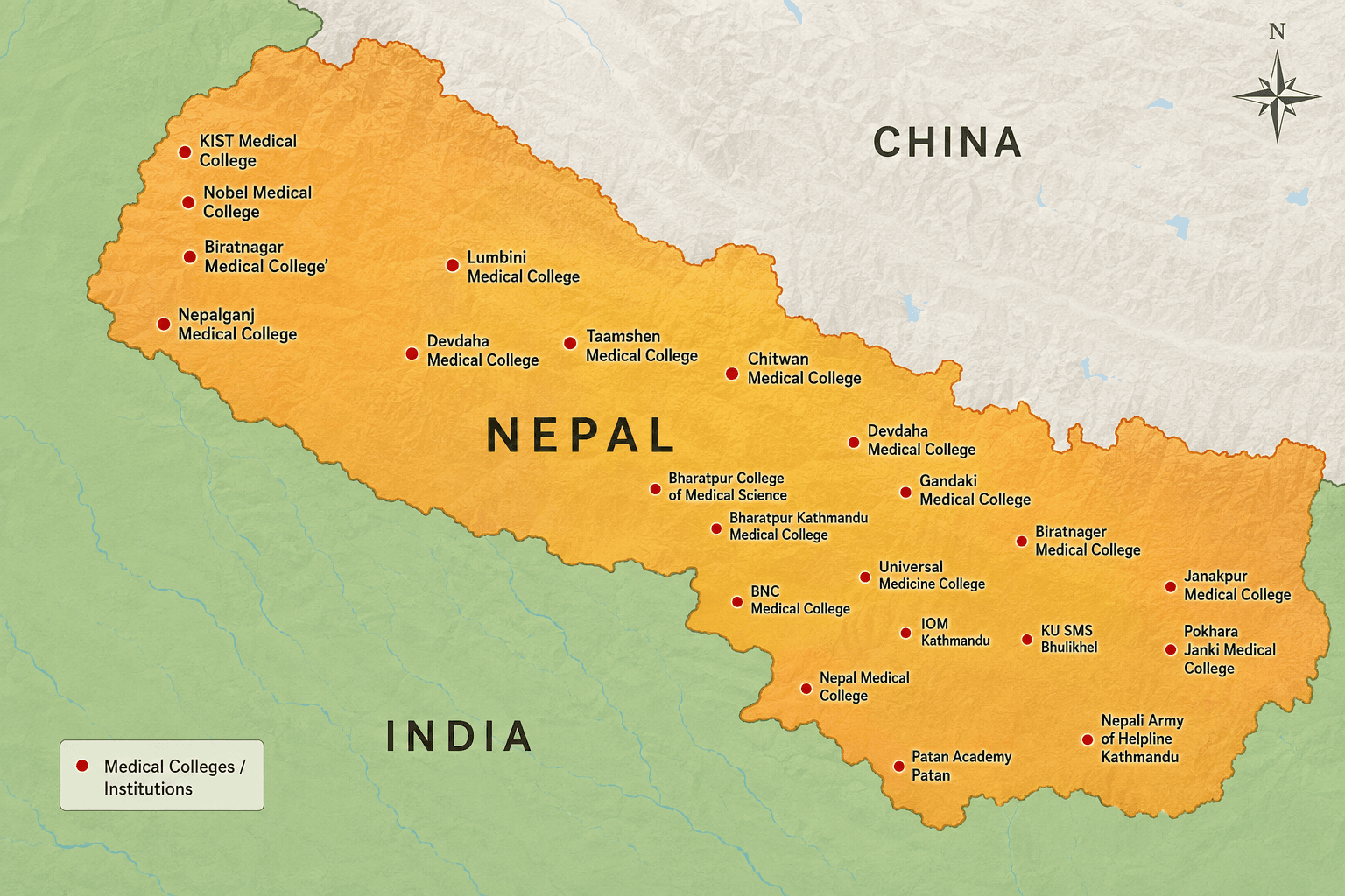 Map of Nepal showing major NMC-approved medical college cities